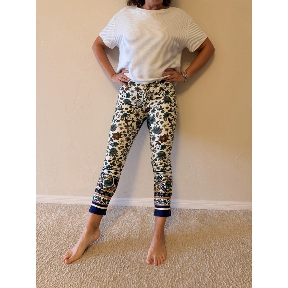 JEN7 Floral Print Stretch Ankle Pants Slim Fit Straight Leg White Multicolor 0